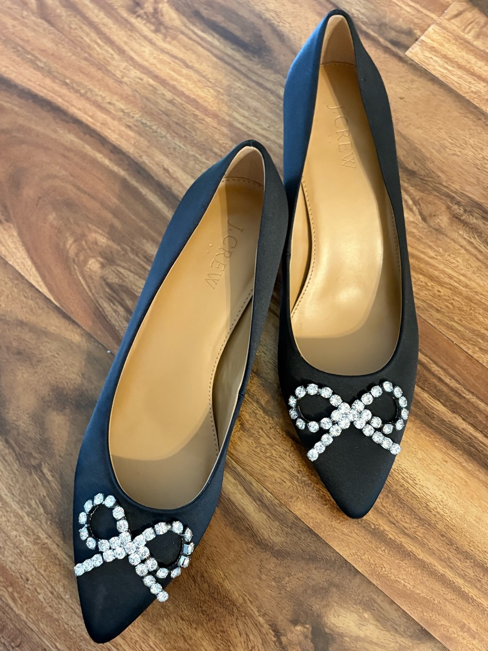 J. Crew Factory Women’s Black Satin Kitten Heels With Crystal Bows 8 M Shoes